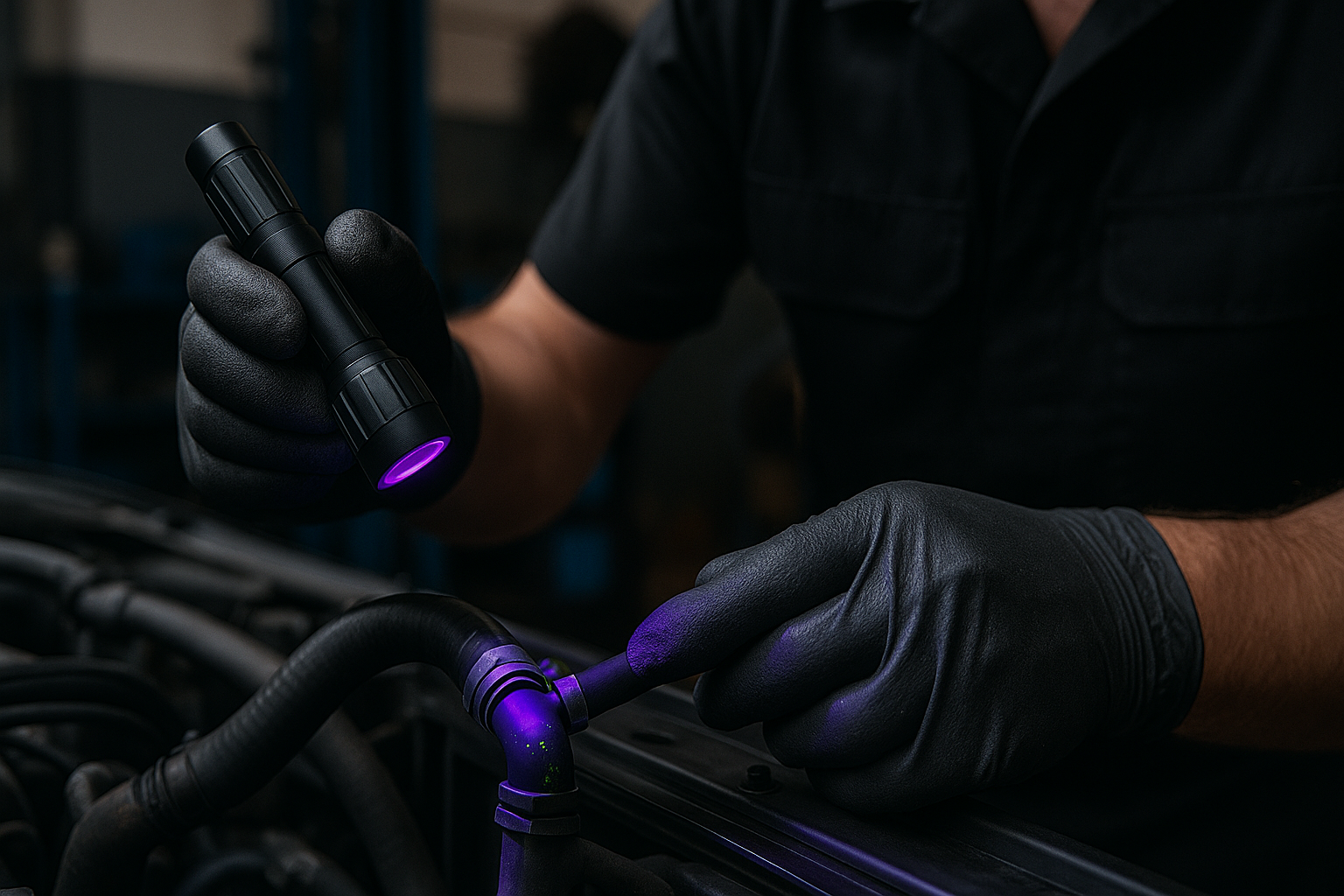 Técnico diagnosticando vazamento em sistema de arrefecimento automotivo